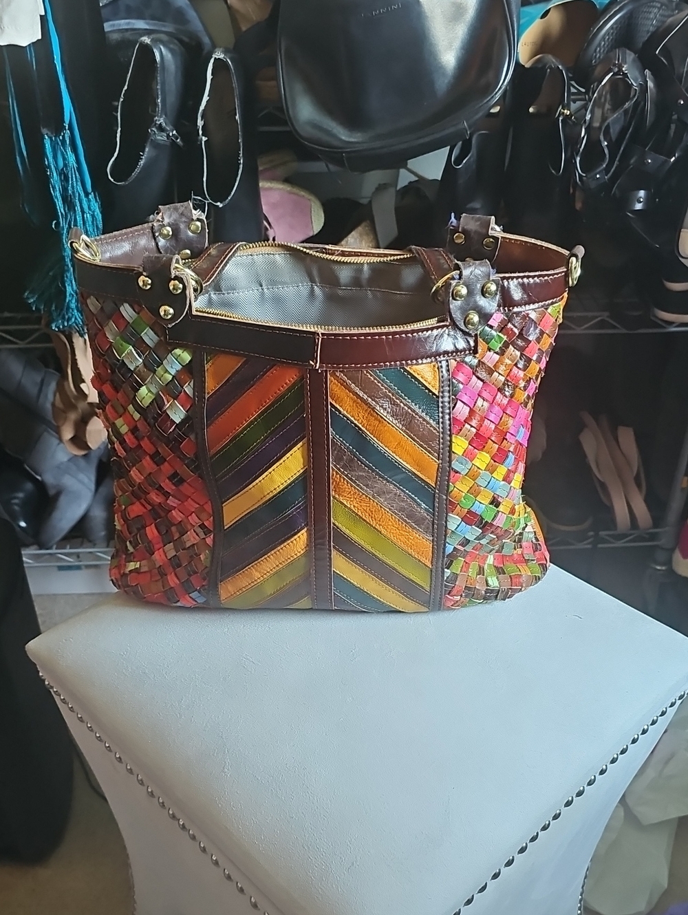 Multicolor Woven Leather Tote with Brown Trim
